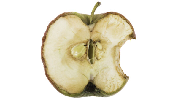 Metade de uma maçã podre em alusão aos produtos falsificados da Apple