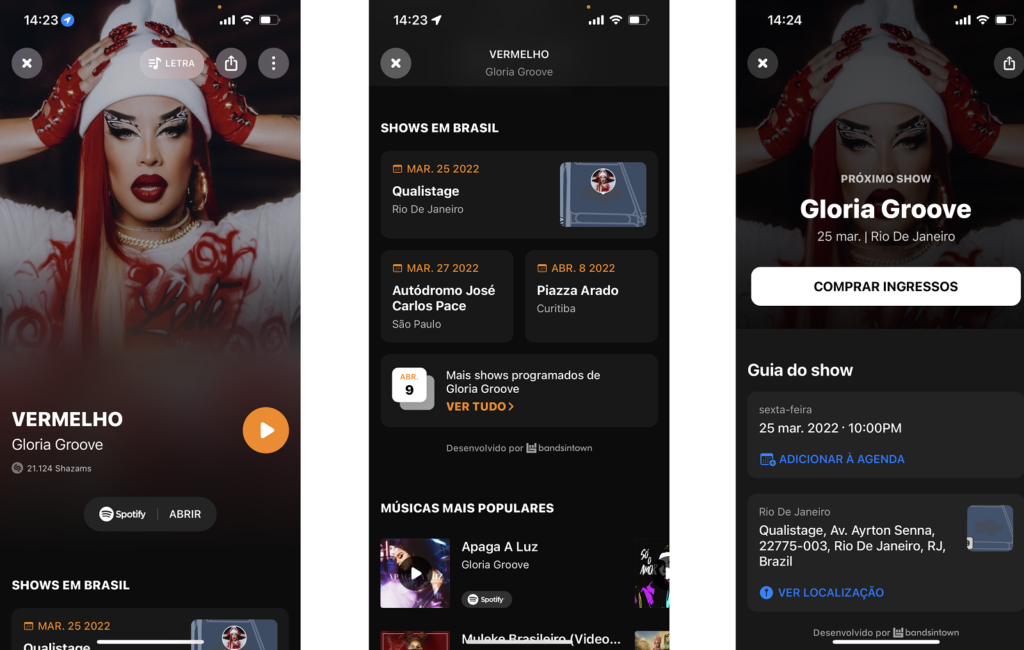 Screenshot do Shazam com página da artista Glória Groove